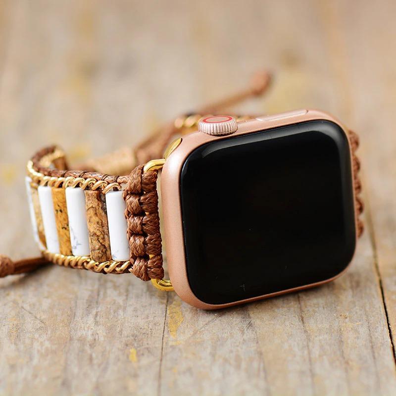 Apple Watch-Uhrenarmband Aus Jute-Jaspis Und Howlit-Edelsteinen